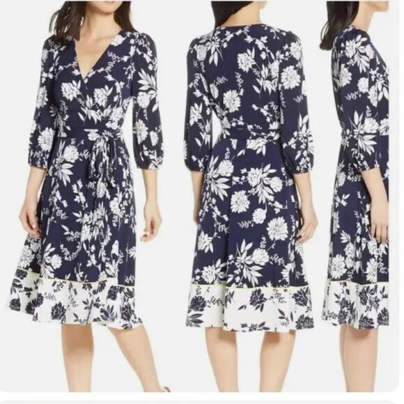 Eliza J Dresses & Skirts - Eliza J Navy Blue White Floral Faux Wrap Surplice Midi Dress Size 8 Petite